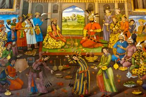 フレスコ画：踊り子たちとの宴、インドのムガル帝国皇帝ホマユーンを迎えるシャー・タフマースプ、1544年、チェル・ソトゥーン、四十柱の宮殿、イスファハン、イラン、アジア