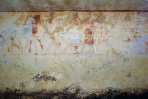 イタリア・ラツィオ州タルクィニアのネクロポリス「青鬼の墓」フレスコ画（2004年ユネスコ世界遺産登録） 踊り子や音楽家を従えた葬送行列 エトルリア文明 紀元前5世紀 作： Georg Carl Heinrich Dollmann