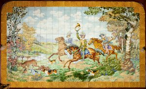 インテリア ビュー、タイル パネル、画家 Furcy Ernest Tondeur、遺言執行者 Boch Frères La Louvière、最初のパネル、3 頭の馬がいる狩猟シーン 作： . .