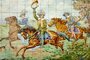 インテリア ビュー、タイル パネル、画家 Furcy Ernest Tondeur、執行者 Boch Frères La Louvière、最初のパネル、3 人の騎手との狩猟シーン、詳細 作： . .