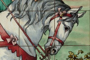 インテリア ビュー、タイル パネル、画家 Furcy Ernest Tondeur、執行者 Boch Frères La Louvière、2 番目のパネル、詳細 作： . .