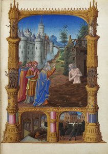 Les Très Riches Heures du Duc de Berry, Folio 82r - Job Mocked by His Friends the Musée Condé, Chantilly.ジョブズとその妻、友人たち。