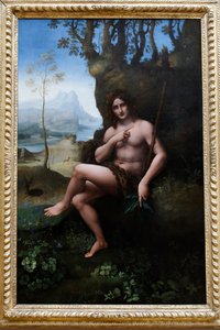フランス、パリのルーブル美術館。 レオナルド・ダ・ヴィンチのワークショップ、フランチェスコ・メルツィの功績による洗礼者聖ヨハネ、キャンバスに転写されたパネルに油彩、c. 1510-1520。 作： . .