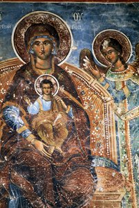 子供と天使を連れた聖母」ギリシャ、エピルス、ザゴリア、パピゴ近郊、アノ・ペディナ修道院のフレスコ画（写真） 作： Georg Carl Heinrich Dollmann