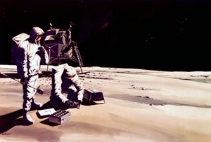 有人宇宙飛行、アメリカ、アポロ、一般 月面で作業する宇宙飛行士の印象図 作： Ferdinand Georg Waldmuller
