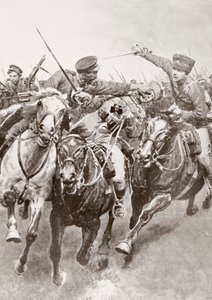 第一次世界大戦中の1914年8月、東プロイセンのコルシェンとバルテンシュタインの間のシュヴァンスフェルトで行われたロシアのコサックとドイツの「死の小銃」と呼ばれる騎兵の騎馬戦（La Esferaより）。 作： Ferdinand Georg Waldmuller