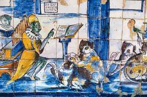 擬人化された猫とネズミによる音楽の授業、アズレージョ・タイル、フロンテイラ侯爵邸の庭園 作： William Walcutt