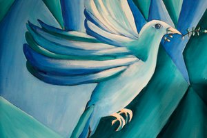 ノートルダム (聖母) 教会、アジュー、フランス。 鳩を描いたフランスの芸術家 JOB による絵画のディテール。 作： . .