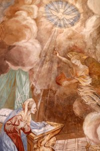 ノートルダム ド ラソンプシオン ド コルドン教会。 フレスコ。 受胎告知とは、天使ガブリエルが聖母マリアにイエスの母となることを告げることです。 フランス。 フランス。 作： . .