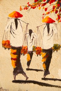 絵画；稲穂の帽子をかぶったアジアの女性；ビエンチャン；ラオス；東南アジア；アジア