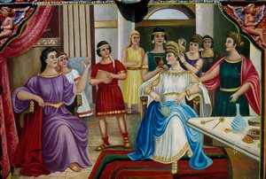 シチリアの荷車に乗ったローマ人女性を描いた絵柄の装飾、イタリア・シチリア島、詳細