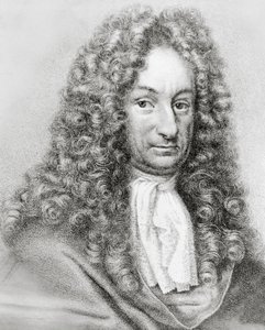 ドイツの数学者、哲学者、科学者であるゴットフリート・ヴィルヘルム・フォン・ライプニッツ（1646-1716）の肖像（エングレービング 作： William Walcutt