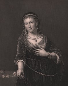 レンブラントの妻サスキア・ファン・ウイレンブルク（1612-1642）の肖像 レンブラントの絵からダニエル・ジョン・パウンドがエングレーヴィング ペインのロイヤル・ドレスデン・ギャラリーより アルバート・ヘンリー・ペイン作 ドレスデン・ライプツィヒのH・ペイン社 1840年頃 作： William Walcutt