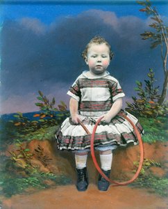 輪投げをする子供の肖像、手彩色アンブロタイプ、1860年頃 作： Ferdinand Georg Waldmuller
