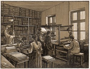 ハンガリー、ブダペストの印刷所：書籍のファコニングと準備。 女性の仕事。 約。 1910年（イラスト） 作： . .