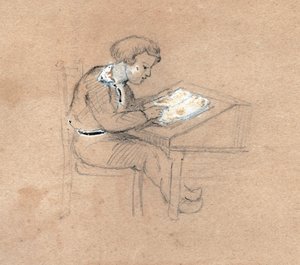 彼の机の上で仕事中の男子生徒。 1830年頃（イラスト） 作： . .