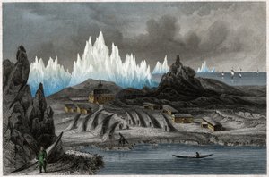 グリーンランドのアクナト (リヒテンフェルス) にあるモラヴィア兄弟のコロニー。 約。 1850年（彫刻） 作： . .