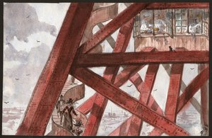 パリのエッフェル塔の階段を上る観光客。 1階のレストランで調理するシェフ。 1889年（イラスト） 作： . .