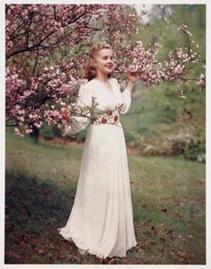 花の近くでドレスのモデルをする女性、1940年代頃 作： フレデリック (帰属) バーナード