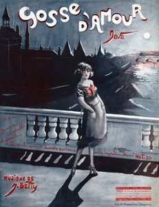 パリのポン・オ・チェンジの女性、後ろにセーヌ川とコンシェルジュリー。 1921年（イラスト） 作： . .