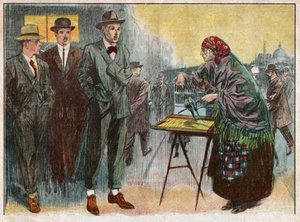 鳥を使って占いをしている女性。 1926年（イラスト） 作： . .