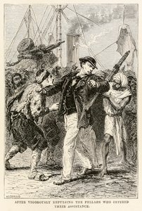 アンリ・テオフィルヒルデブラント（1824-1897）によって刻まれたジュールヴェルヌ（1828-1905）の「世界一周80日間」から、支援を申し出たフェラを激しく撃退した後、1873年（彫刻 作： after Alphonse Marie de Neuville