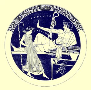 ダンシングガールとごちそうを楽しむ若者、JEハリソンとDSマッコールによるギリシャの花瓶の絵画のイラスト、1894年発行（デジタル化された画像） 作： after English School