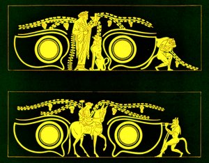ディオニソス、ヘファイストス、サテュロス、JEハリソンとDSマッコールによるギリシャの花瓶の絵画のイラスト、1894年発行（デジタル拡張画像） 作： after English School