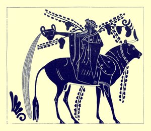 雄牛に乗るディオニュソス、JEハリソンとDSマッコールによるギリシャの花瓶の絵画のイラスト、1894年発行（デジタル拡張画像）