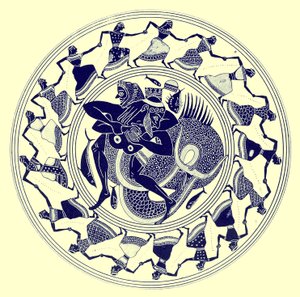 トライトンと格闘しているヘラクレス、JEハリソンとDSマッコールによるギリシャの花瓶の絵画からのイラスト、1894年に出版された（デジタル拡張画像） 作： after English School