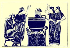 Medea Boiling the Ram、JE HarrisonとDS MacCollによるギリシャの花瓶の絵画のイラスト、1894年発行（デジタル化された画像）