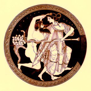 SatyrとMaenad、JE HarrisonとDS MacCollによるギリシャの花瓶の絵画のイラスト、1894年発行（デジタル化された画像）