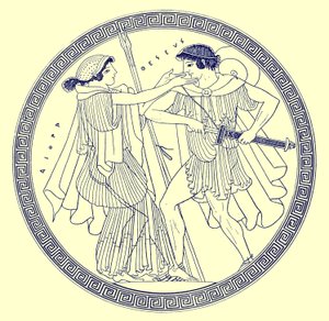 JE HarrisonとDS MacCollによるギリシャの花瓶の絵画のイラスト、TheseusとAethraが1894年に発行（デジタル化された画像）