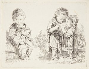 土の塊の上に座っている子供とミルクを飲む小さな子供 作： after Francois Boucher