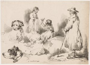 子供の研究（二人の少女）; 二匹の犬; 男 作： after George Morland