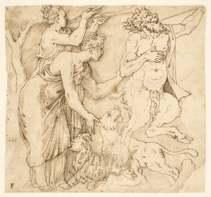 サテュロス、2 人の女性、ライオンとヤギ 作： after Giulio Romano