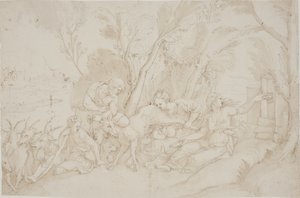 雌ヤギのアマルテアに乳を飲まされるジュピター 作： after Giulio Romano