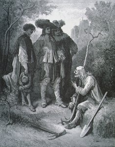 寓話のジーン・ド・ラ・フォンテーヌ作「老人と三人の若者のイラスト」（1621-95）