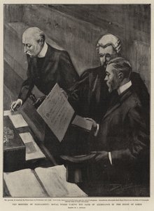 国会議事堂、貴族院で忠誠の誓いをとるロイヤルデュークス 作： after John Duncan