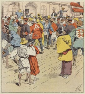 フィジーハンポの外で戦争のニュースを待っている群衆 作： after Louis Charles Bombled