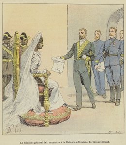 居住者の一般は女王に政府の決定を発表します 作： after Louis Charles Bombled