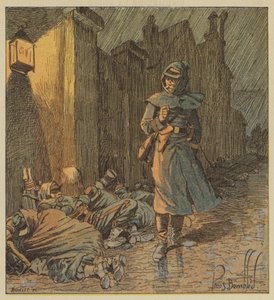 ドゥブルゴーニング大佐はセルドンの街を歩くか、雨の中で兵士たちを眠る 作： after Louis Charles Bombled