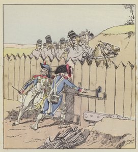 サンジョルジュ駐屯軍の軍曹がオーストリアの騎兵を新しいコートで表彰 作： after Louis Charles Bombled