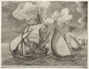 帆船: キャラベル船に護衛されたガレー船団 作： after Pieter Bruegel