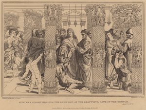 聖ペテロと聖ヨハネは、寺院の美しい門で、ラメ男を癒します 作： after Raphael