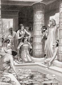 古代エジプトでディナーに到着したゲストは、足と手を洗うために水を与えられ、香りのするオイルで油を注がれ、花の輪が飾られました。HutchinsonsHistory of the Nationsのパブから 作： after Robert Dudley