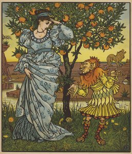 黄色の小人がライオンからプリンセスを救う 作： after Walter Crane
