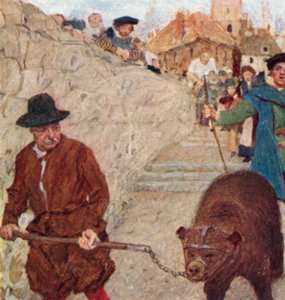 シェイクスピアーがバンクサイドのベアガーデンに向かう途中でクマを見ている 作： after William Hatherell