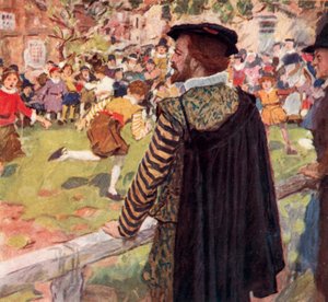 シェイクスピア、ロンドンのテンプルバー近くの囚人基地で遊ぶ男の子と女の子を見て 作： after William Hatherell