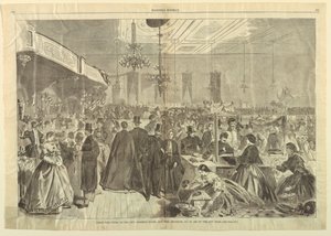 1861 年 12 月、ニューヨークのシティ アセンブリ ルームで開催された大博覧会。市の貧困層の援助、ハーパーズ ウィークリー、1861 年 12 月 28 日、824 ～ 825 ページより。 作： after Winslow Homer